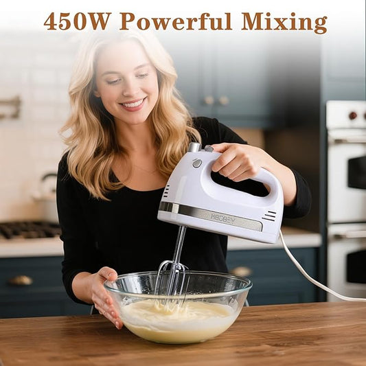 KBOBEY 450W Electric Hand Mixer, 5-Speed Handheld Mixer with Storage Case, Turbo & Eject Button, Includes 2 Beaters & 2 Dough Hooks for Baking, Cake, Egg, Cream (White)