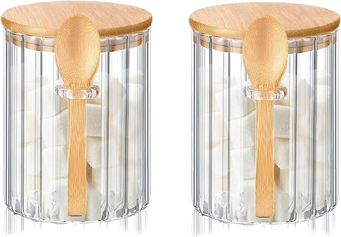 Glass Jar Sugar Container with Bamboo Spoons Lids 16 oz Sugar Bowl Coffee Bar Food Storage Jar Cereal Nuts Salts Coffee Tea Flour Sugar Container Spice（2Pack）