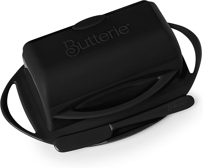 Butterie Flip-Top Butter Dish with Lid & Matching Knife, Holds 2 Sticks/European Butter, No-Mess Butter Holder, Shatterproof, Dishwasher Safe, Black