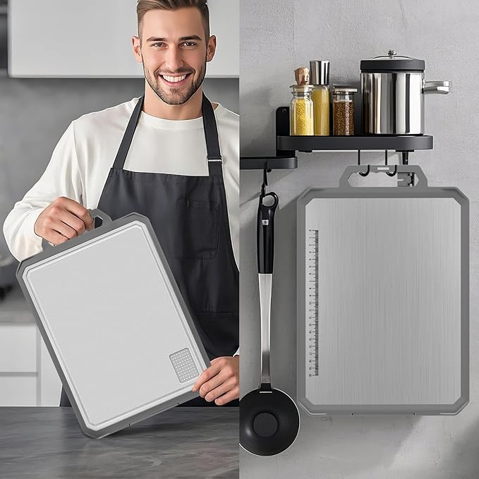 1 PCS Titanium Cutting Board for Kitchen, Double Sided Non Toxic Chopping Board, Food Grade, Non-Slip Silicone Edge, Easy to Clean, 17.2"*12" Large Size (1 Side Titanium Other Side Wheat Straw PP)
