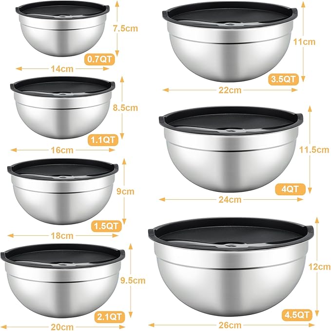 7 Piece Mixing Bowls with Lids Set - Mixing Bowls Stainless Steel Bowls for Kitchen Baking, Size 0.7, 1.1, 1.5, 2.1, 3.5, 4, 4.5QT, Baking Bowl for Food Preparation, Mixing and Serving Foods