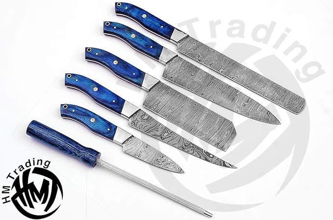 Custom Made Damascus Steel #6 Pcs of Professional Utility Kitchen knives Set Comes with Sweet Leather Roll Kit (3712) (Blue Pakkawood)