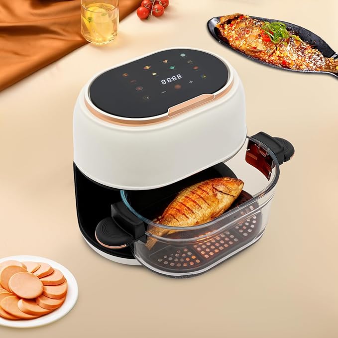 banborba Air Fryer, 900W 4.23QT Glass Air Fryer, Smart Compact Airfryer with Digital Display, 140℉-374℉ Adjustable Temperature, 120 Min Timer, for Cakes, Chicken Wings, Fish, Meat, Shrimp, Vegetables