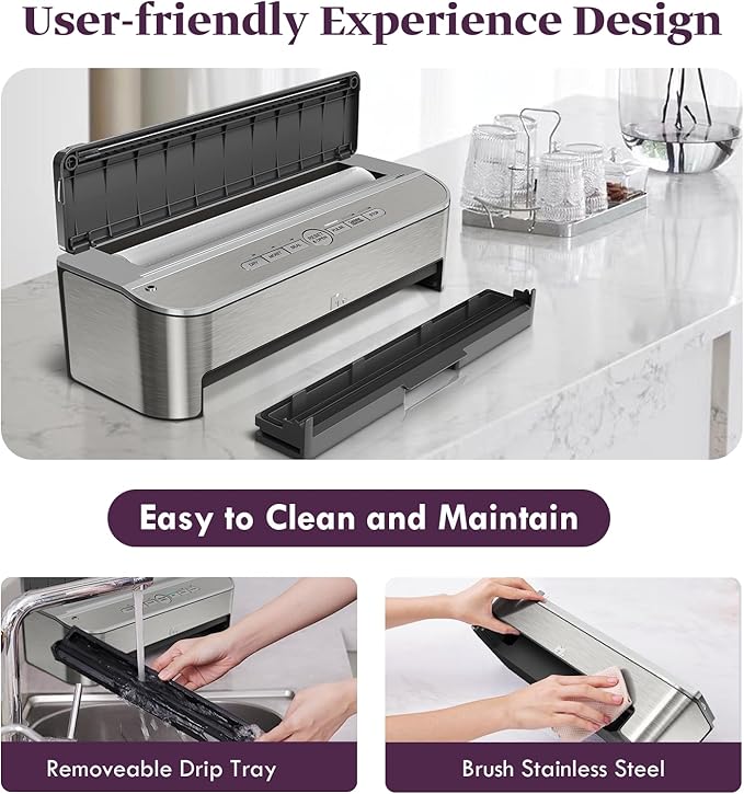 Mesliese Vacuum Sealer Machine, 85kPa 120W Automatic Food Sealer, Powerful Sealing System, Build-in Cutter | Bags Storage | Moist Mode and Air Suction Hose | 2 Bag Rolls and 5pcs Pre-cut Bags