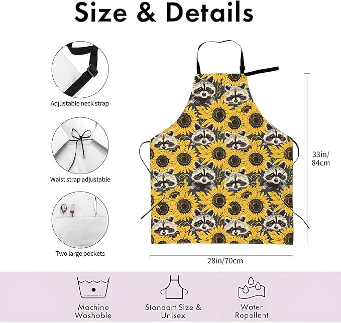 Raccoon and Sunflower Apron,Adjustable Waterproof Oxford Fabric Kitchen Apron with 2 Pockets for Men and Women, Cooking, Baking, BBQ, Coffee Shop, Housewarming Gifts, 28x33 Inches