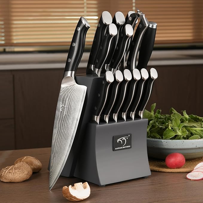 Damascus Kitchen Knife Set, 15-Piece Kitchen Knife Set with Block, ABS Ergonomic Handle for Chef Knife Set and Serrated Steak Knives Knife Sharpener and Kitchen Shears, 14 Slots Wooden Knife Block