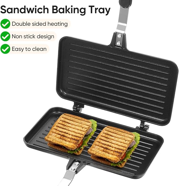 Double- Sided Frying Pan Non- Stick Grill Pan Waffle Maker Sandwich Baking Mold for Cake Toast Snack Breakfast, Aluminum Sandwich Maker