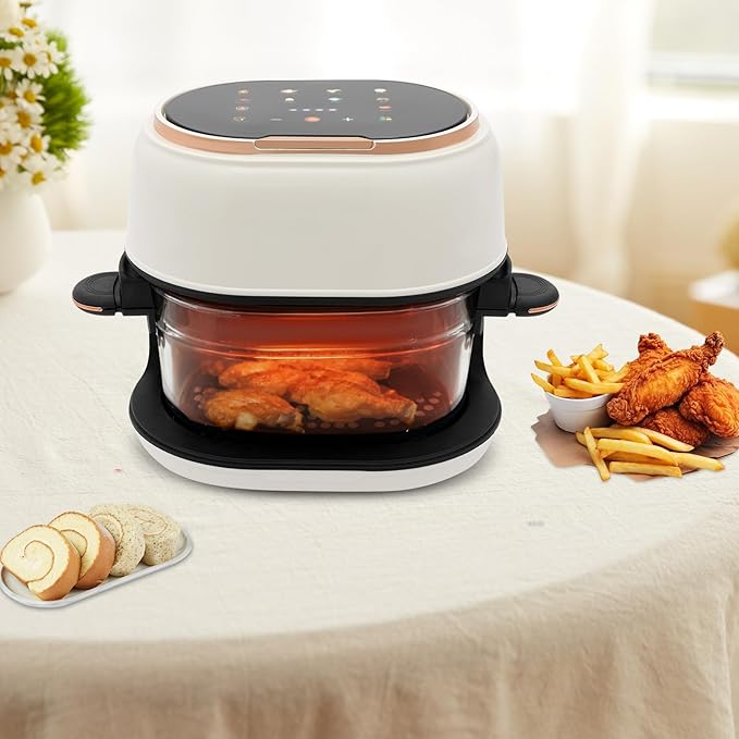 banborba Air Fryer, 900W 4.23QT Glass Air Fryer, Smart Compact Airfryer with Digital Display, 140℉-374℉ Adjustable Temperature, 120 Min Timer, for Cakes, Chicken Wings, Fish, Meat, Shrimp, Vegetables