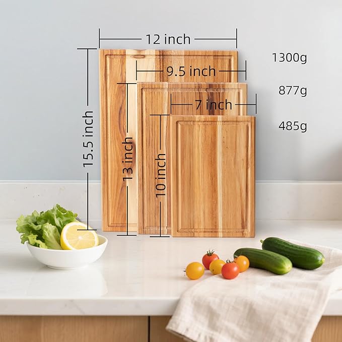 Cokka Praca Teak Cutting Board Set with Stand | 3 Pcs Durable Wooden Cutting Boards for Kitchen | Splinter-Free & No Cracking Design | Non-Slip Wood Cutting Boards with Deep Juice Groove