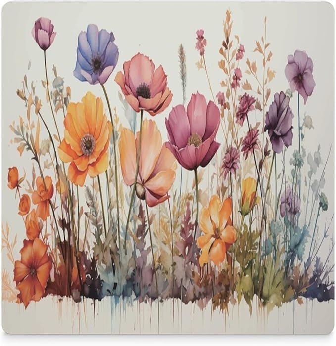Square-4PCS Floral Ceramic Coasters, Square Absorbent Drink Coasters, Watercolour Abstract Floral Beautiful Florets Design Ceramic Table Coasters for Coffee, Beverage, Wine, Beer Coasters