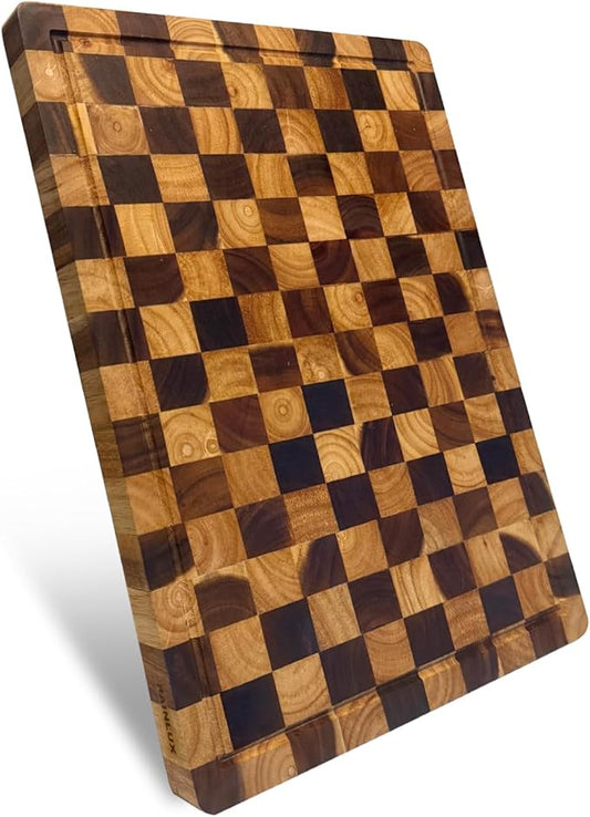 Acacia Wood Cutting Boards for Kitchen, Checkered Chopping Board with Juice Grooves & Handles, Large Butcher Block Serving Tray with Non‑Slip Feet, 20" × 15" × 1.5"
