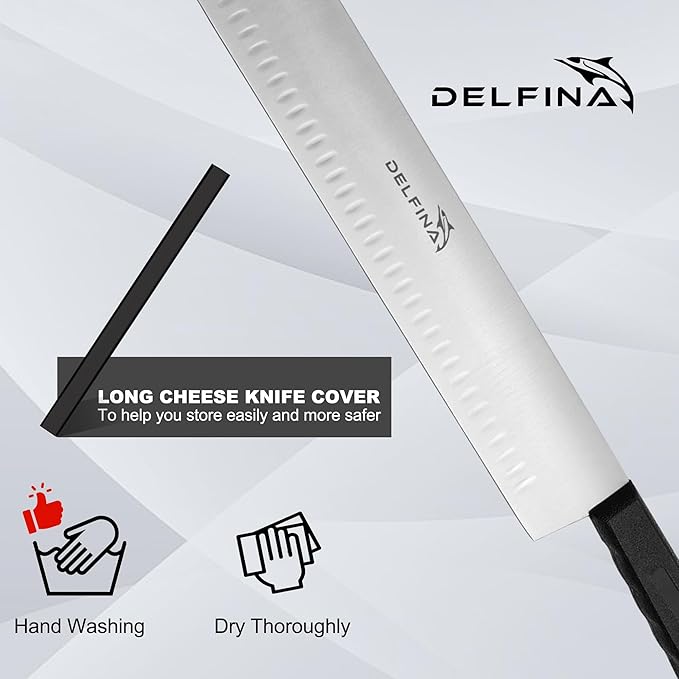 DELFINA 15 Inch Double Handle Cheese Knife with Blade Protector, Stomatal Blade with 5" Plastic Comfortable Handles, Cheese Knife for Cheese,Cakes,Vegetables,Butter,Soaps