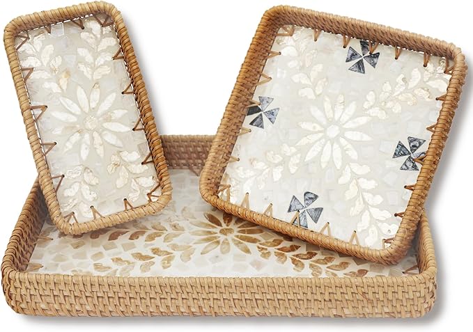 Rattan Serving Tray with Mother of Pearl Inlay,Set of 3 Wicker Serving Tray Boho,Hand-Woven from Natural Rattan, Serving Baskets for Home Decor and Coffee Table Decor (Sunlit Floral Mosaic)