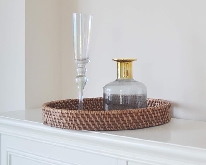 Round Rattan Woven Serving Tray with Handles Ottoman Tray for Breakfast, Drinks, Snack for Coffee Table, Home Decorative (11"x1.6", Honey Brown)