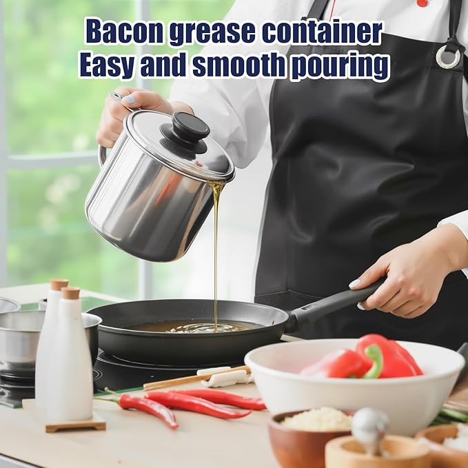 LemonRoad 4 Pcs 1.3l Bacon Grease Container Saver with Strainer Grease Container for Kitchen Durable Stainless Steel Cooking Oil Fat Storage Filter Keeper Tank Pot Can Strainer for Used Frying Oil