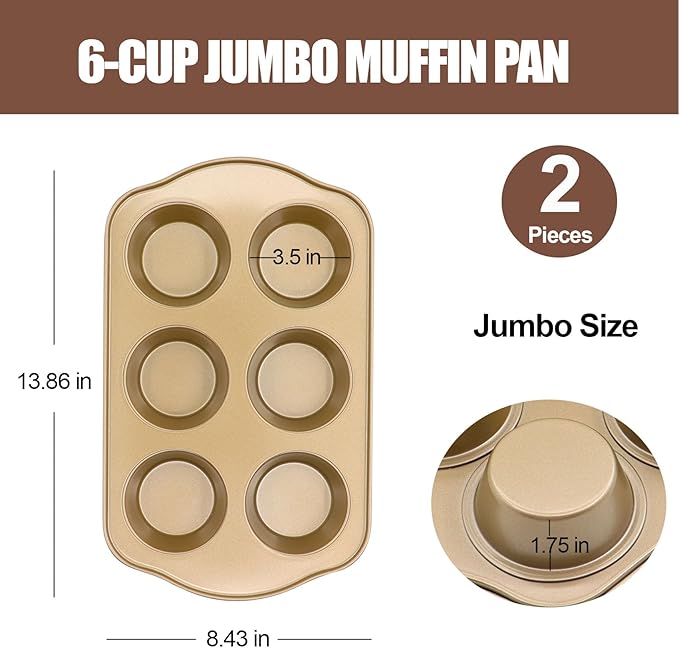 JOHO BAKING Jumbo Muffin Pan 2 Pack, Nonstick Large Cupcake Pan 6 Cup, Heavy Duty 0.5mm Thick Steel Big Muffin Tins for Baking, 3.5inch Dia, Gold