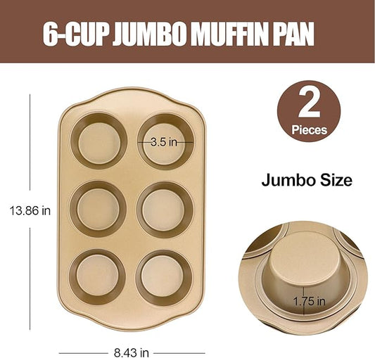 JOHO BAKING Jumbo Muffin Pan 2 Pack, Nonstick Large Cupcake Pan 6 Cup, Heavy Duty 0.5mm Thick Steel Big Muffin Tins for Baking, 3.5inch Dia, Gold