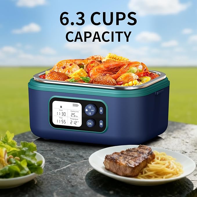 Cordless Electric Heated Lunch Box, 1.5L 6.3Cups 24000mAh Rechargeable Battery Self-Heating Lunch Box, Smart Timer, Even Heating, 100W Portable Food Warmer for Office, Picnic, Car, Outdoor
