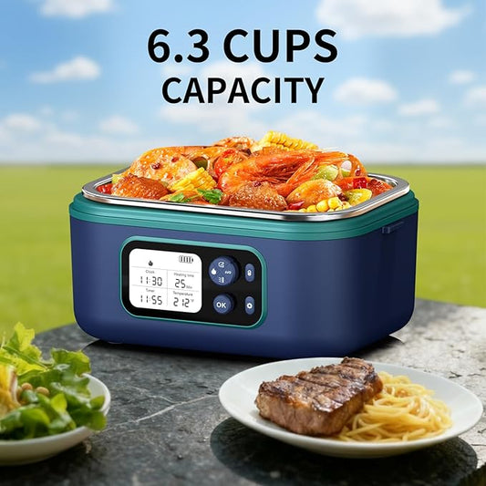 Cordless Electric Heated Lunch Box, 1.5L 6.3Cups 24000mAh Rechargeable Battery Self-Heating Lunch Box, Smart Timer, Even Heating, 100W Portable Food Warmer for Office, Picnic, Car, Outdoor