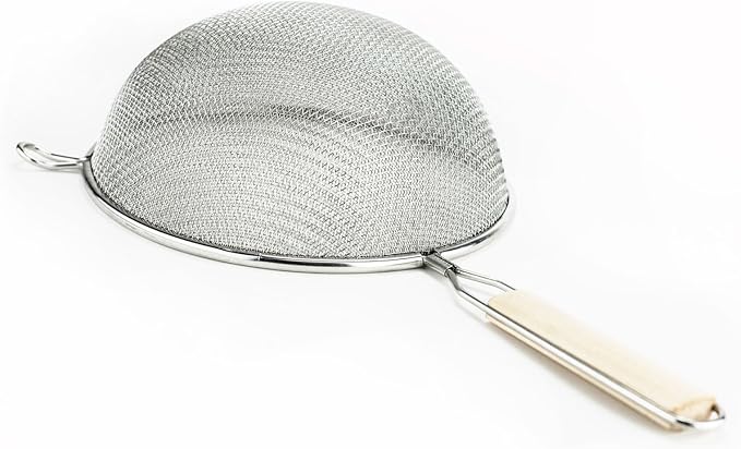 Huji Stainless Steel Fine 8" Double Mesh Food Strainer Colander Sieve Sifter with Wooden Handle for Kitchen Rice Pasta Noodles (3 Pack)