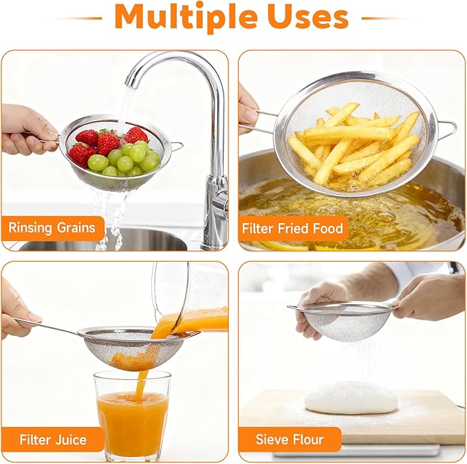 CEYAZYE 6Pcs Fine Mesh Strainers Set, Stainless Steel Colander, Sifters Sieves with Handles, Suitable for Sifting, Filtering Tea, Food, Juice, Pasta, Flour in Kitchen