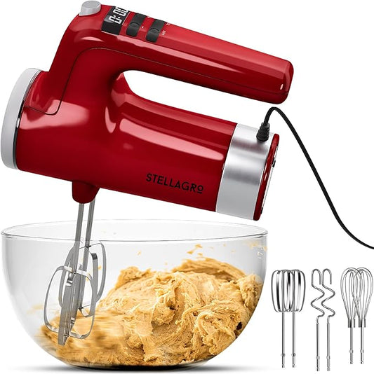 Stellagro 9 Speed Electric Handheld Mixer with Stainless Steel Whisk Beater Attachments & Snap Storage Case, Compact Lightweight 350 W Powerful hand held mixer for Baking & Cooking, Red