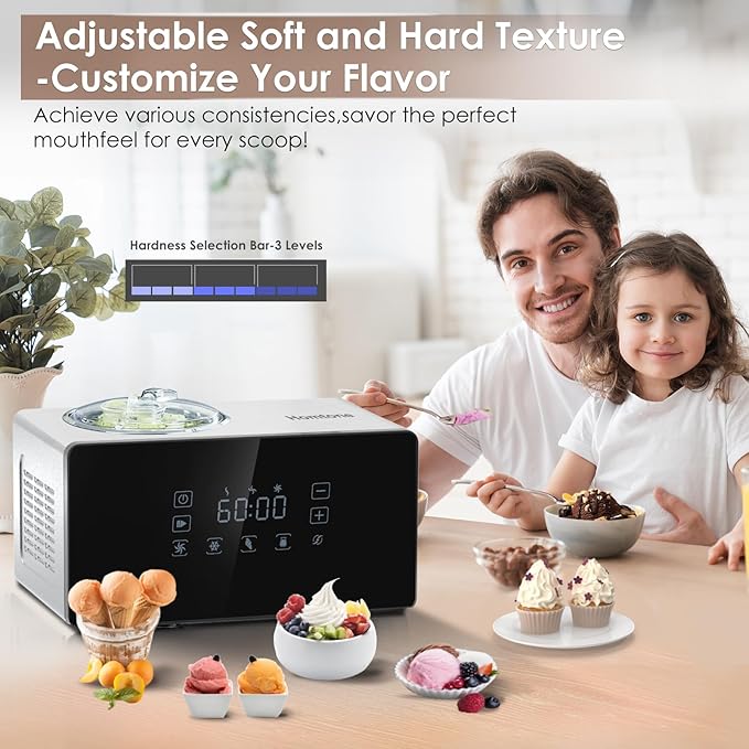 Homtone Ice Cream Maker Fully Automatic with Compressor, 4 Modes, Adjustable softness, Adjusted Speed 1.6 Quart Ice Cream + Yogurt Maker, LCD Touch Screen Homemade Soft & Hard Ice Cream Machine