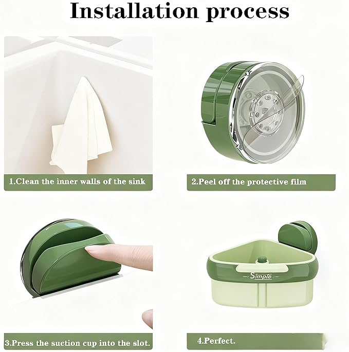 Suction Cup Sink Corner Rack,Sponge Storage Rack,Automatic Dumping Sink Strainer Basket,Suction Cup Basket,Food Drainer,Suitable for Kitchen Sinks, Dining Tables, and Kitchen,Islands,Bathroom (Green)