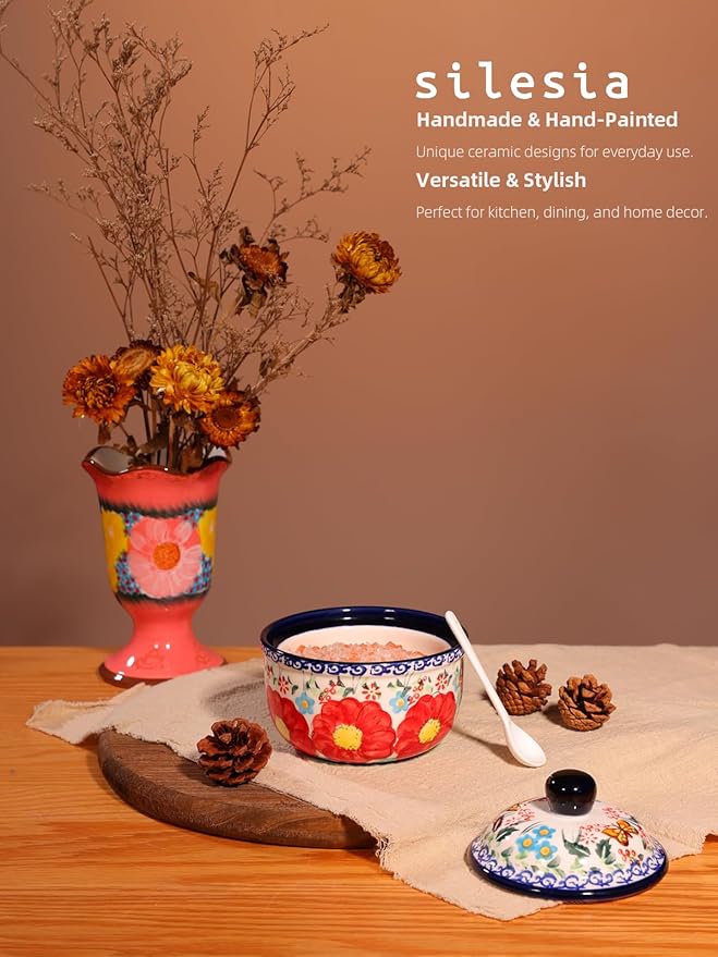 silesia Handmade Sugar Bowl with Lid and Spoon, 10 Ounce Ceramic Hand-Painted Sugar Jar for Kitchen in Gift Box, Kitchen Decor, Oven, Dishwasher & Microwave Safe, Flowers Red