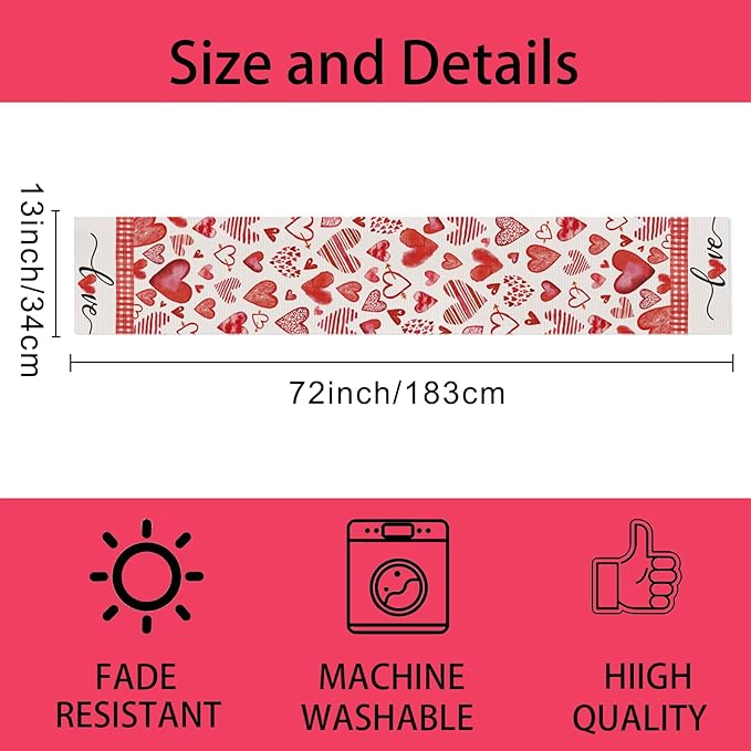 Valentine's Day Table Runner Decorations, Linen Red Table Scarf for Home Kitchen Dining Table Decoration Valentine Party Heart Shaped Decor Holiday Farmhouse Rustic Table Runner（13 x 72 Inch）