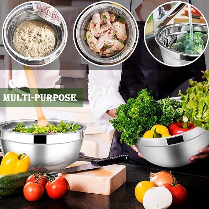 Thsinde Mixing Bowl with Airtight Lids Set of 6, Stainless Steel Nesting Salad Bowls for Mixing & Serving, 3 Grater Attachments & Non-Slip Bottoms (Size 7-1QT)