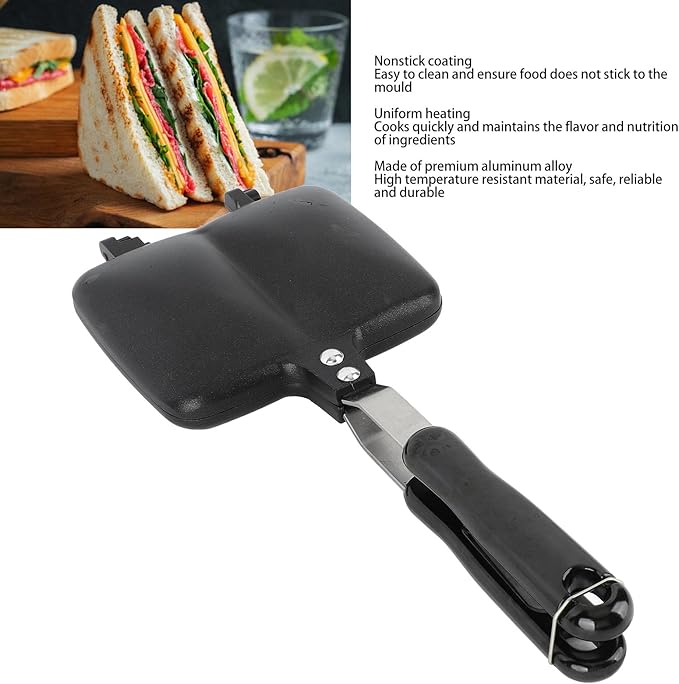 Sandwich Maker Non Stick Hot Sandwich Panini Maker with Handle Aluminum Alloy Grilled Panini Maker Frying Pan Uniform Heating Stovetop Toasted Sandwich Maker for Breakfast(Style 2)(Style 2)