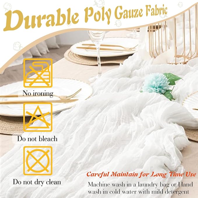 White Cheesecloth Table Runner 1 Pack 35" Boho Gauze 120 inches Long Runner Rustic Sheer Fabric Bulk for Baby Shower Wedding Bridal Birthday Party Picnic Table Decorations