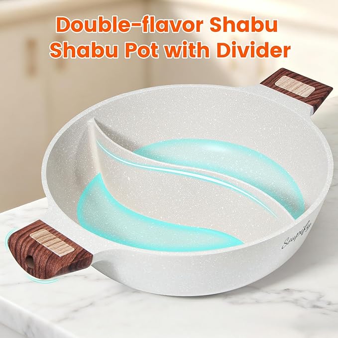 Soupify 5-QT Shabu Shabu Pot, Non-Stick Hot Pot with Divider, Dual Flavor Stockpot with Lid for Cooking, Perfect for Family and Friends Gathering
