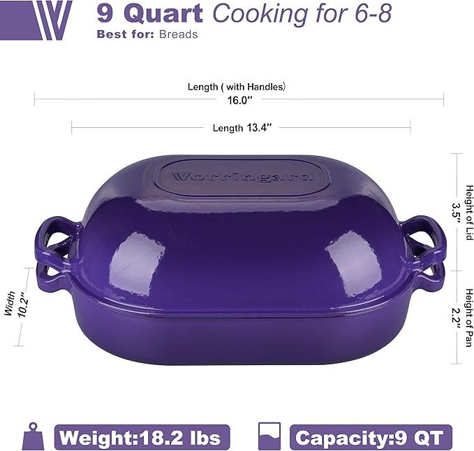 VORRINGARD Large Cast Iron Dutch Oven Dome Pot with Lid, Enameled Bread Oven, Bread Pan for Homemade Sourdough Bread Baking, 9QT, Purple