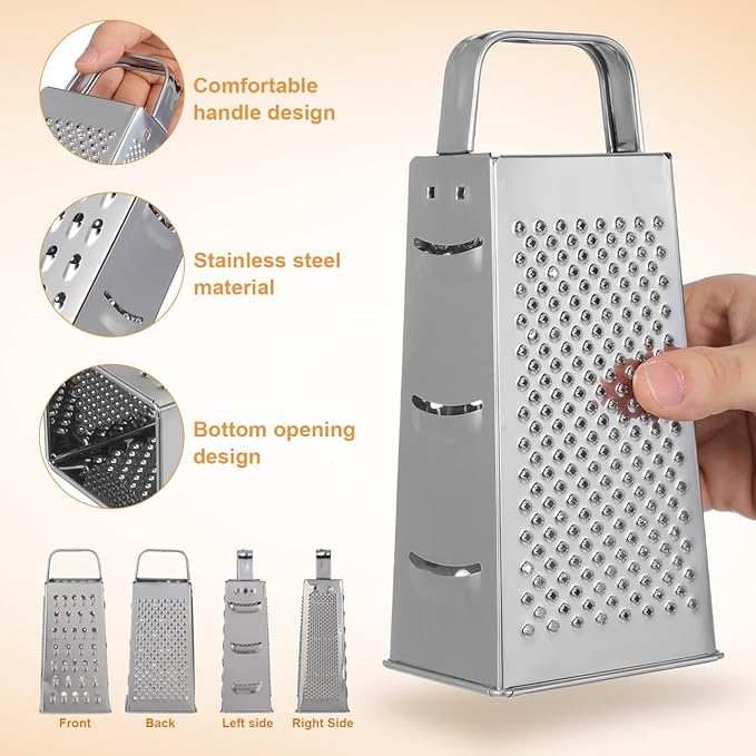 1pc Stainless Steel Vegetable Grater Portable Metal Grater 4-Sided Cheese Grater with Handle for Kitchen Restaurant (8inch)