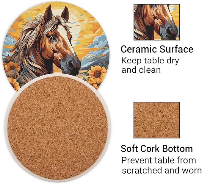 Round Coasters Set of 2, Manes Horse Sunflowers Sunshine Absorbent Ceramic Coaster with Cork Base, Bar Coasters for Drinks Coffee Mugs Tea Cups Wine Glasses Home Decor Gifts (4 inches)