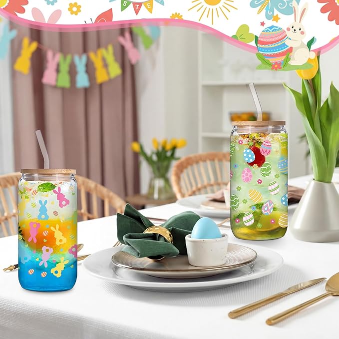 Jinei 2 Pcs Glass Cup Set 18 Ounce Glasses Cups with Bamboo Lids and Straws Tumbler for couple Mug for Women Men Birthday Party Favor Gift(Easter Day)