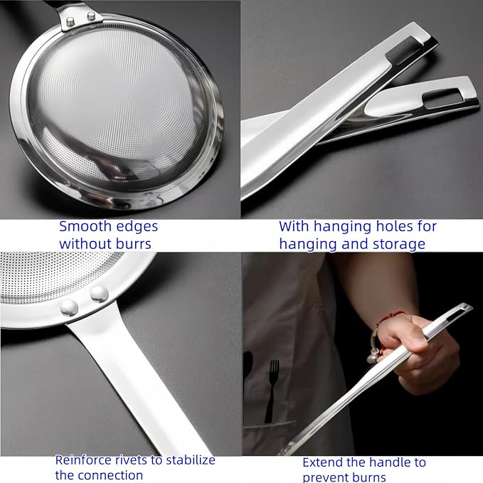 Fine Mesh Strainer, Stainless Steel Fine Mesh Food Strainer with Long Handle for Skimming, Cooking, Frying, Grease and Foam，2 Size