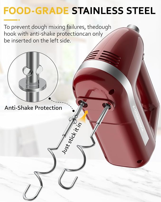 Z-DESDEMONA Electric Hand Mixer, Powerful 300W Hand Mixer Electric Handheld with 304 Beaters, Dough Hook, Hand Held Mixer with Turbo for Baking Cakes, Eggs, Cream Food(Red)