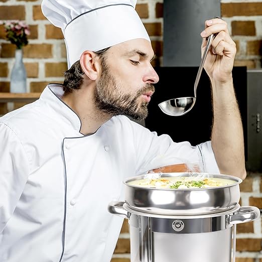 7 QT Soup Chafer Station with Contemporary Marmite Water Pan, Stainless Steel, Including Fuel Holder & 6 Oz Ladle - Perfect for Buffets, Catering, and Events