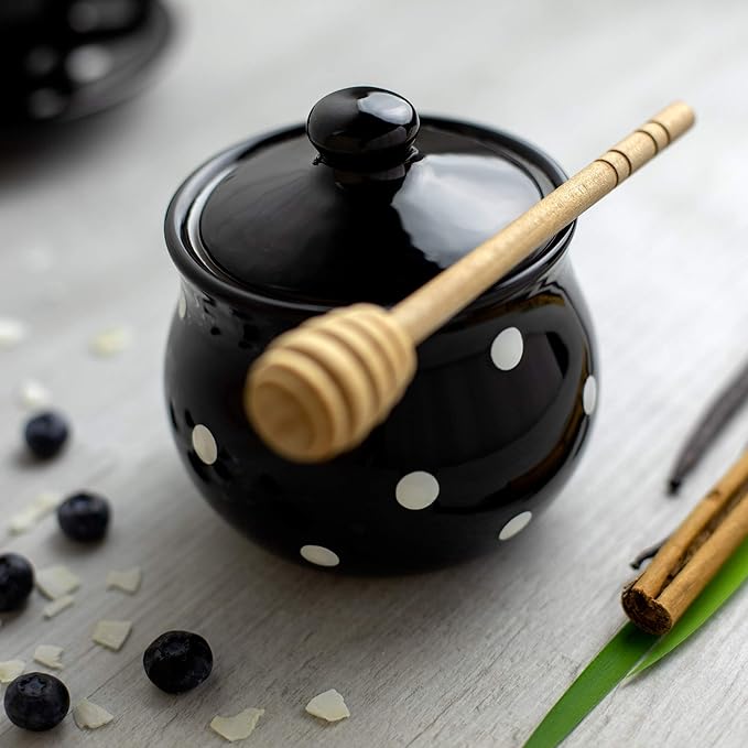 City to Cottage Ceramic Sugar Bowl with Lid, 10oz Sugar Contanier for Coffee Bar, Sugar Dispenser Bowl, Salt - Condiment Pot for Kitchen Counter, Handcrafted Black and White Polka Dot Sugar Jar