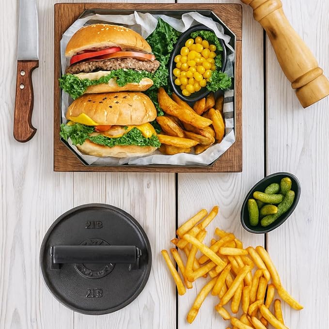 Barbell Plate Design Cast Iron Burger Press 6.5" Round Heavy-Duty Smash Burger Press for Griddle, Grill, Bacon, Meat, Steak, BBQ with Wooden Handle