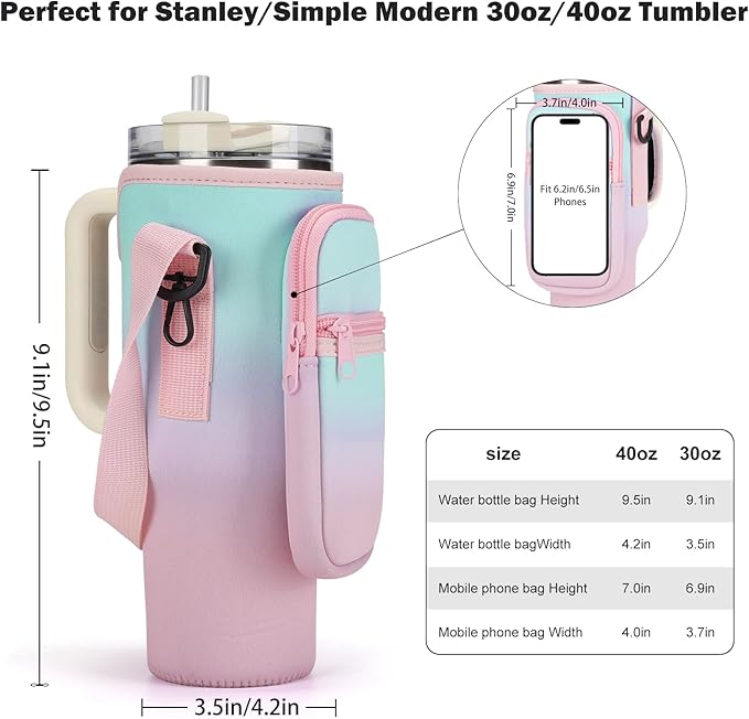 Water Bottle Carrier Bag for Stanley 40/30 oz Tumbler with Phone Pocket Neoprene Water Bottle Holder with Shoulder & Handheld Strap Stanley Cup Accessories