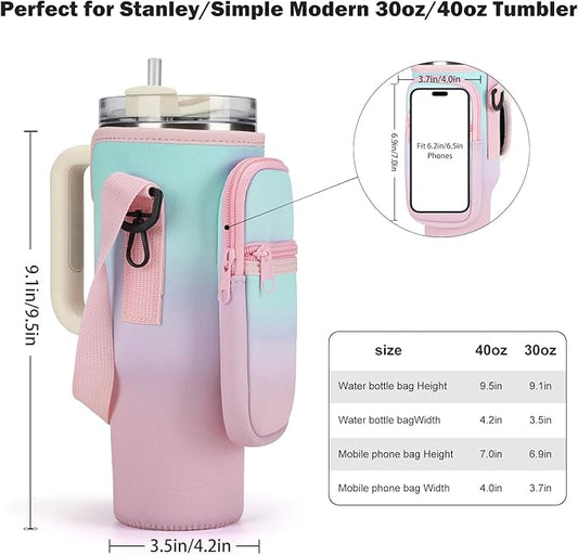 Water Bottle Carrier Bag for Stanley 40/30 oz Tumbler with Phone Pocket Neoprene Water Bottle Holder with Shoulder & Handheld Strap Stanley Cup Accessories