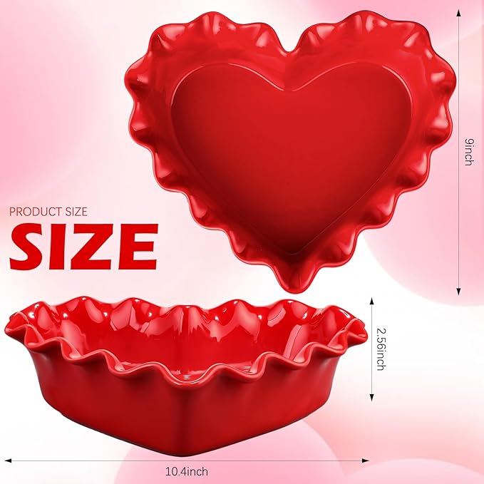 FoldTier 9in Valentine's Day Heart Shaped Deep Pie Dish 2.6in Ceramic Ruffle Heart Pie Pan Baking Dish for Valentine Wedding Anniversary Party Apple Quiche Pot Pies Tart for Microwave Oven(Red)