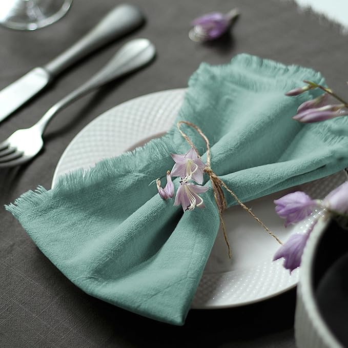 Handmade Cloth Napkins 100% Cotton Napkins with Fringe，Delicate Handmade Cloth Napkins for Dinners, Parties, Weddings and More，18 x 18 Inch Set of 4 - Turquoise