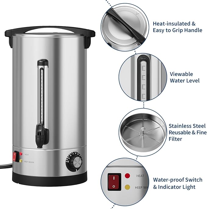 Garvee 70 Cups Commercial Coffee Urn, 10 L/2.6 gal Large Capacity Stainless Steel Hot Coffee Maker, Double Wall Heat Retention Thermal Carafe for Wedding, Buffet, Catering, Events, Party Gathering