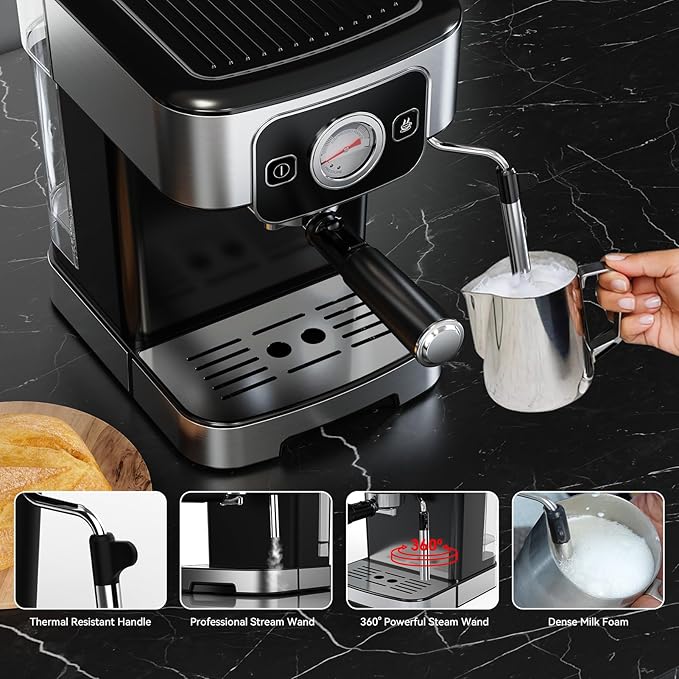 TINTALK Espresso Machine 20 Bar with Steam Milk Frother, Stainless Steel Coffee Machine with Removable Water Tank for Cappuccino,Latte, Compact Stainless Steel Coffee maker for home,Great Gift