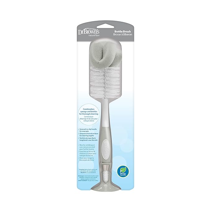 Dr. Brown's Reusable Sponge Baby Bottle Cleaning Brush with Suction Cup Stand, Scrubber and Nipple Cleaner, BPA-Free, Gray, 1-Pack